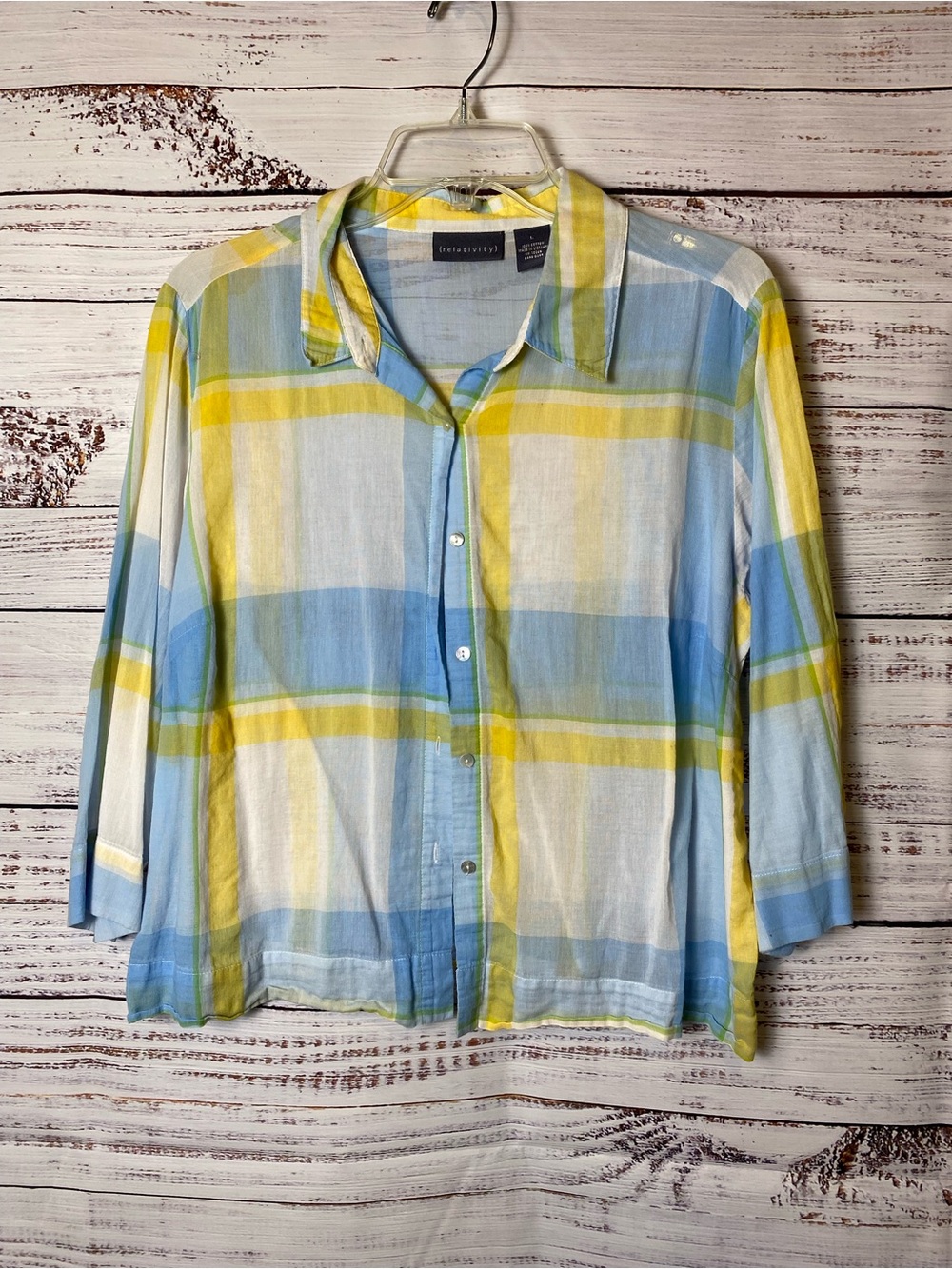 Relativity Blue, Yellow and White Plaid Button-Down Shirt